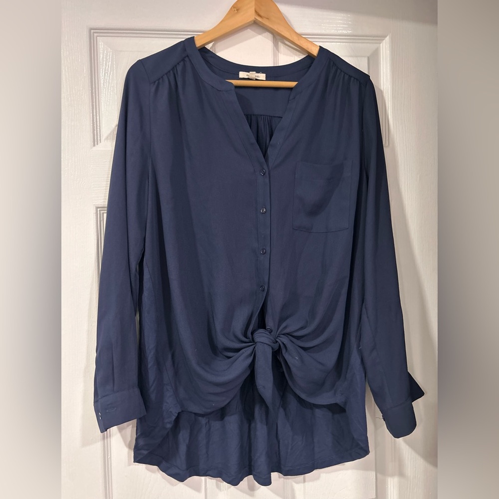 Pleione navy front tie blouse